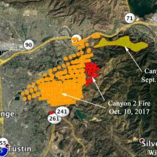 The red dots represent heat detected on the Canyon 2 Fire by a satellite at 2:54 a.m. October 10. The yellow dots were detected at 12:54 p.m. October 9. The Canyon Fire started September 25, and the spread was stopped a few days later. Click to enlarge.