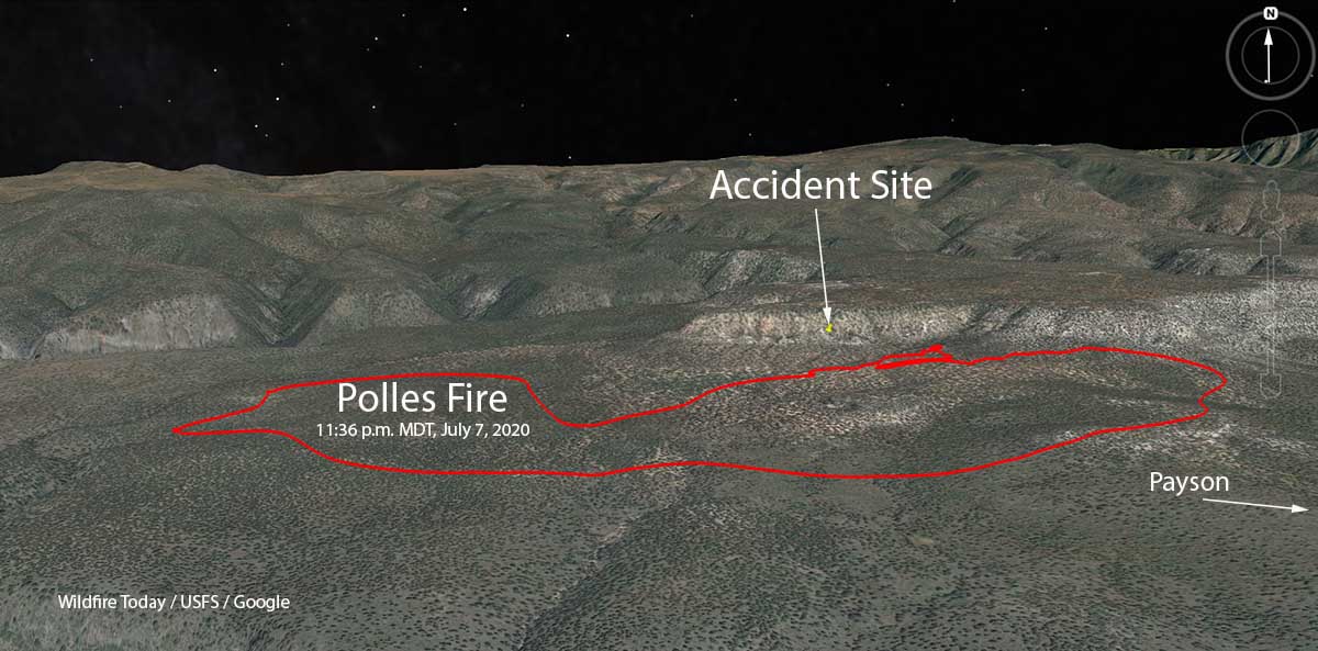 3-D map of the Polles Fire from data at 10:36 p.m. July 7, 2020