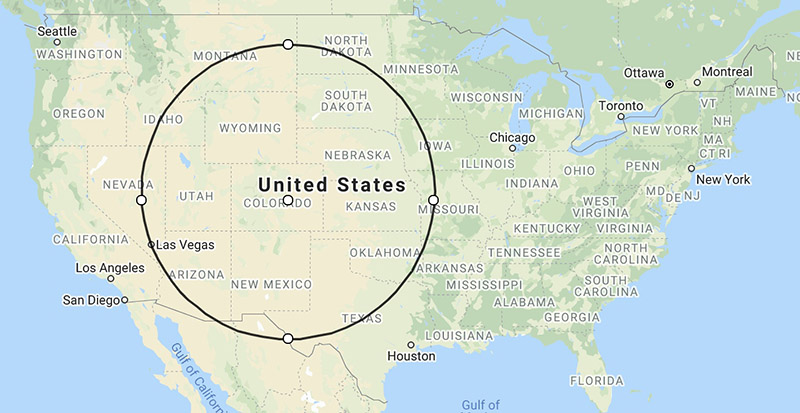 Colorado Springs airport, 600-mile radius map