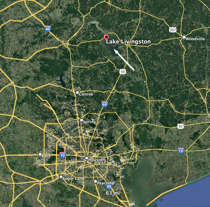 Map, August 9, 2022 helicopter crash in Lake Livingston, Texas