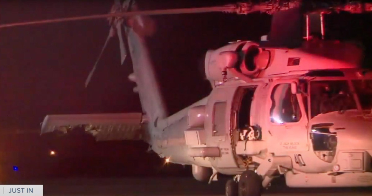 Damage to a Navy MH-60R Seahawk after colliding with a UH-60A Firehawk