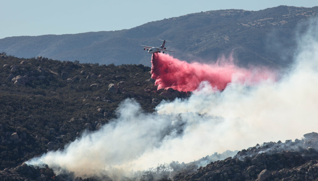 Retardant drops were critical to the quick containment of the October 30 Highland Fire in southern California. Photo ©2023 Ryan Grothe