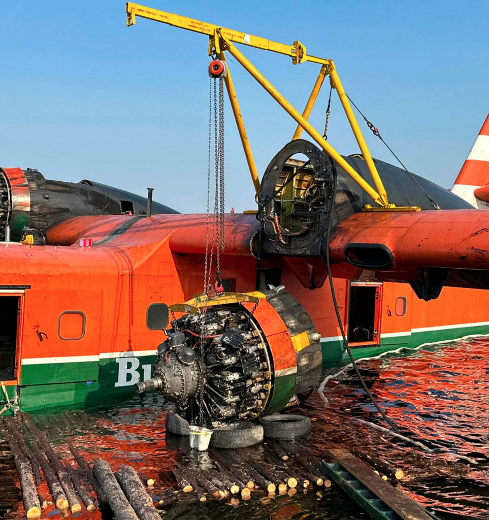 The Buffalo crew had to use trees they cut down on the island to build a “pirate raft” that engines were craned onto, then they were lifted right off the raft by Bell 205s. Benjamin Tessier Photo